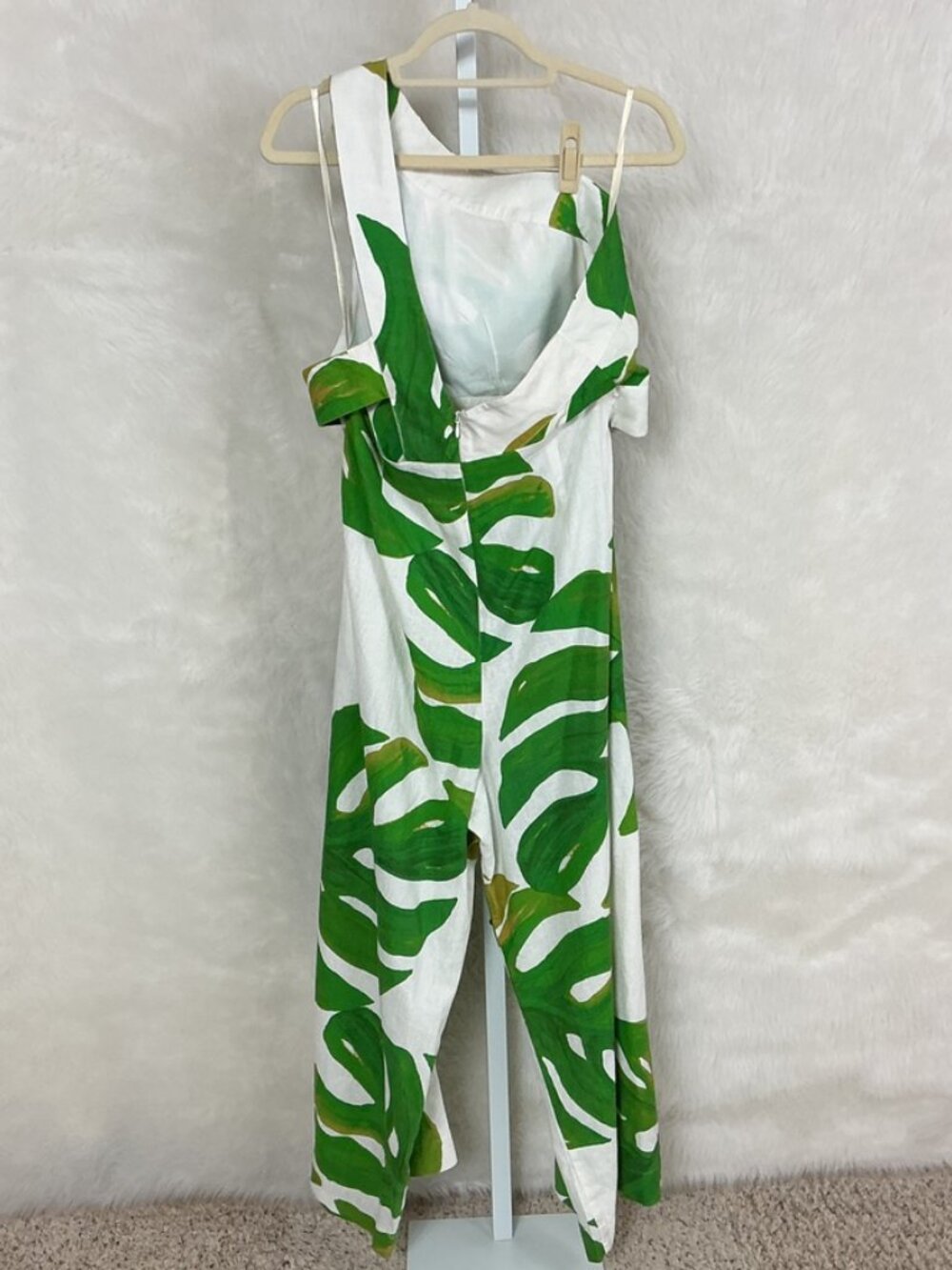 Farm Rio Green Ivory Monstera Leaf One Shoulder Cut Out Jumpsuit Linen Blend XL - Picture 4 of 8